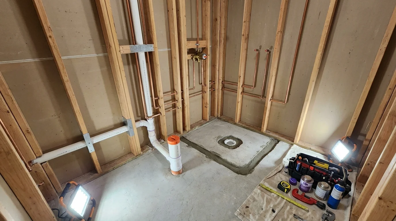 Bathroom rough-in plumbing during remodel by Johns Plumbing LLC in Lone Pine
