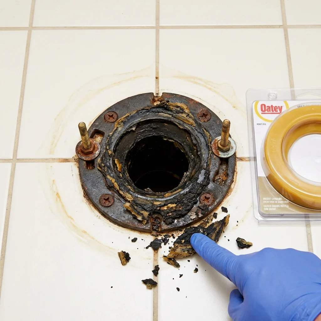 Failed wax ring showing water seepage at the base of a toilet in a Lone Pine, CA home