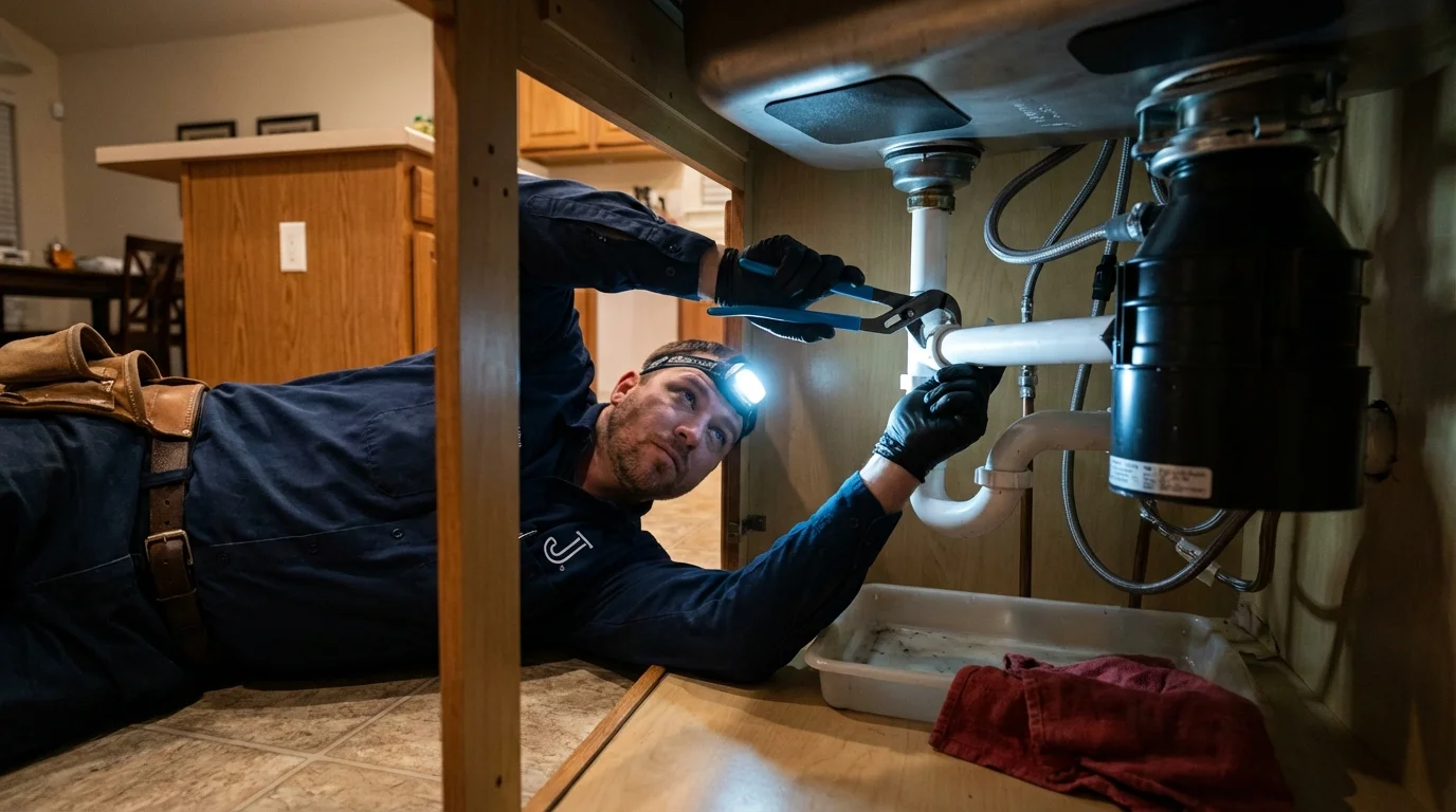 P-trap and supply line connections under a kitchen sink showing a common leak point in Lone Pine, CA